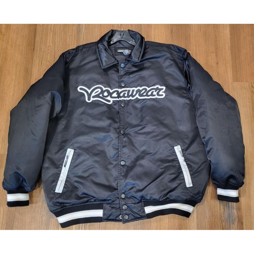 Rocawear Y2K Mens XL Black Nylon Puffer Bomber Jacket Embroidered Hip Hop